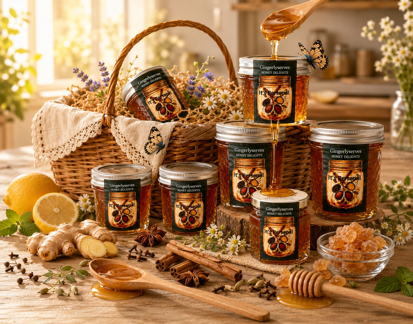 GingerlyServes handcrafted Honey Delights and Organic Coconut Oil products displayed in a premium gift basket.
