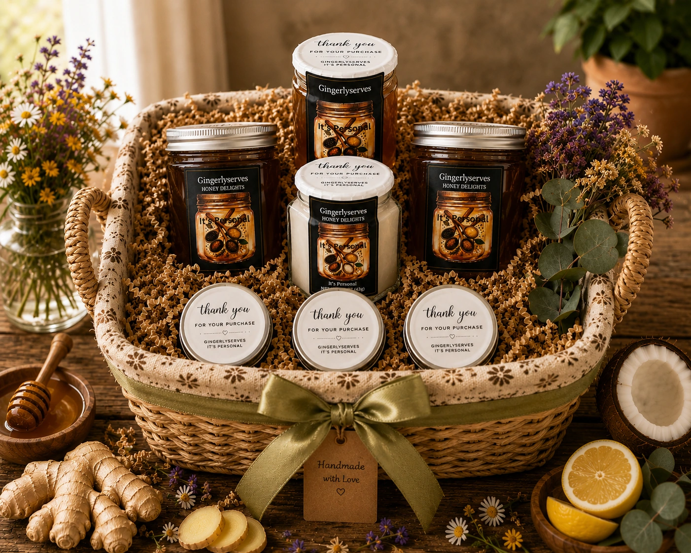 Gingerlyserves artisan gift basket filled with honey jars and wellness treats
